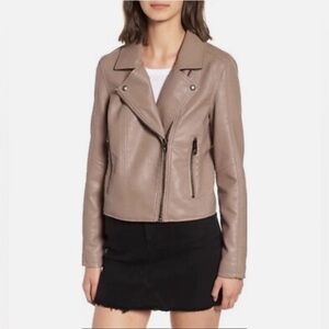 BLANKNYC Meant To Be Tan Vegan Leather Moto Jacket XS Asym Zip